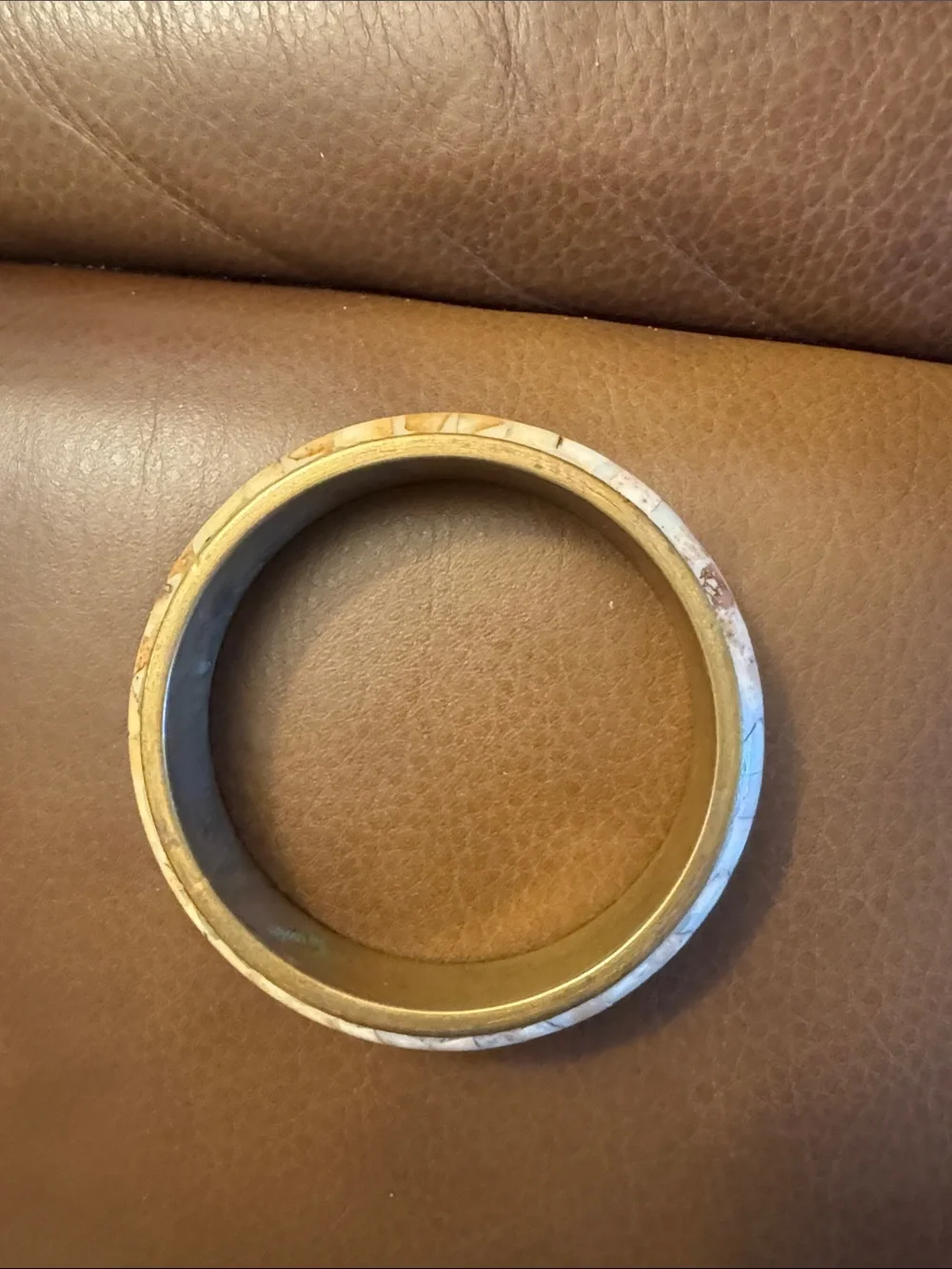 VTG mosaic inlay statement bangle brass base & decorated w/shell fragments